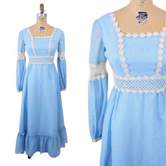 Vintage 70s Blue Maxi Dress Dotted Swiss Long Sleeves Bohemian Romantic | W 26" - Picture 1 of 5